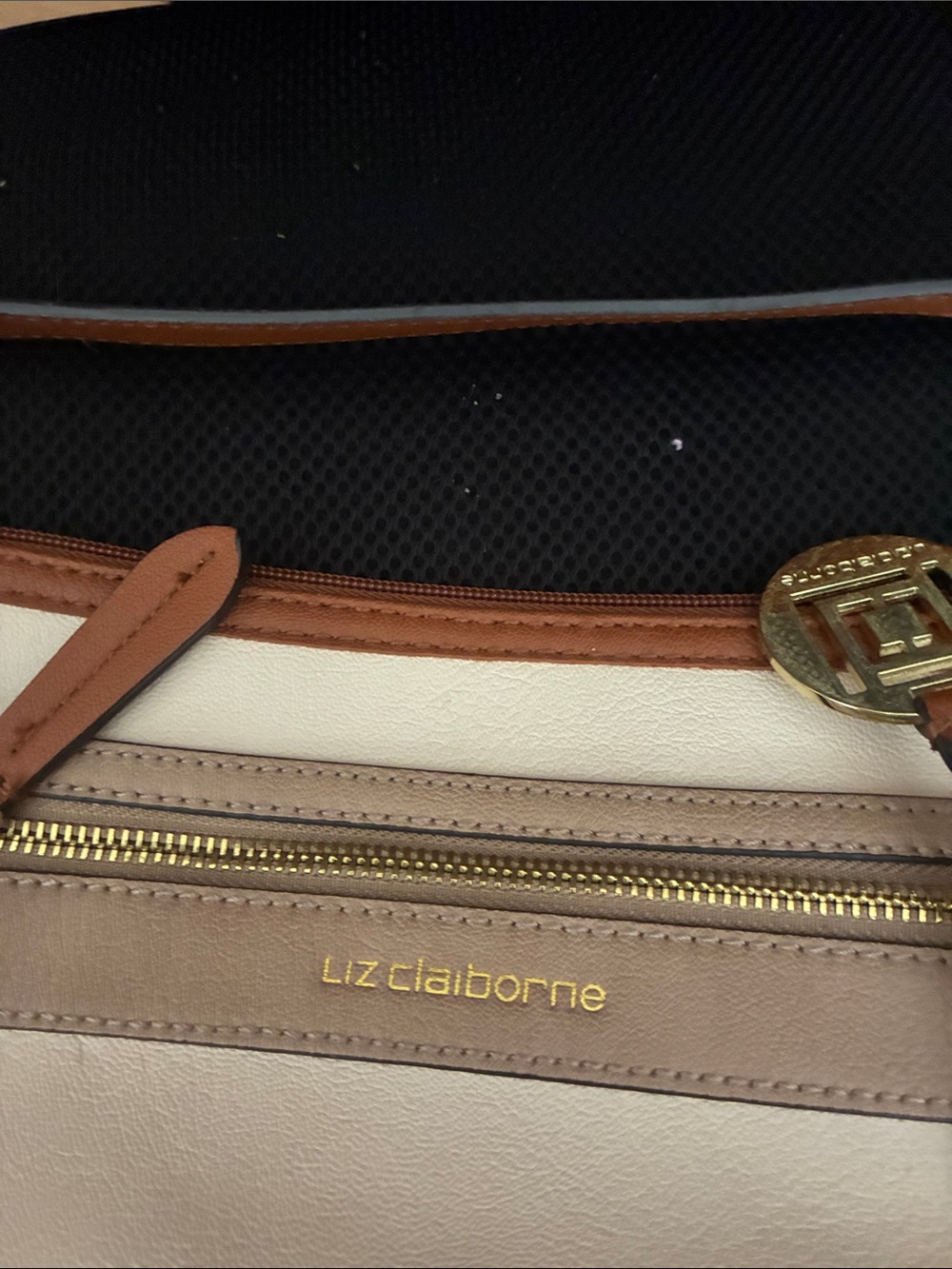 Liz Claiborne Cream and Brown Leather-Trim Shoulder Bag - Picture 2 of 3